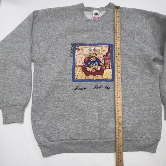 Vintage Fruit of The Loom Beary Relaxing Cottagecore 90s Y2K Granny Sweatshirt L - Picture 13 of 15